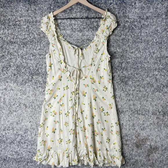 Free People Dress Womens Medium Ivory Lemon Citrus Print Ruffle Tie Back Mini‎ - Picture 4 of 7